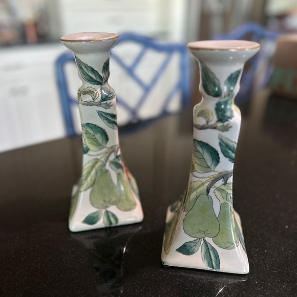 Set of Two Ceramic Fruit Motif Candlesticks